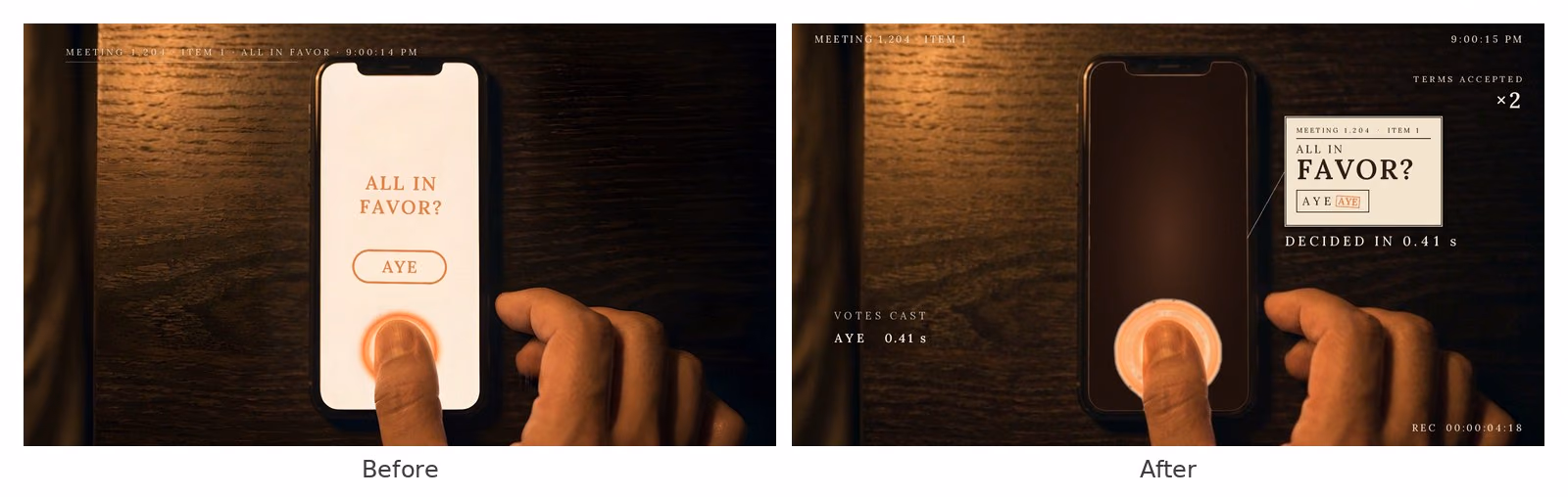 Before: a rounded app-style voting card on a phone. After: a paper ballot slip beside the phone