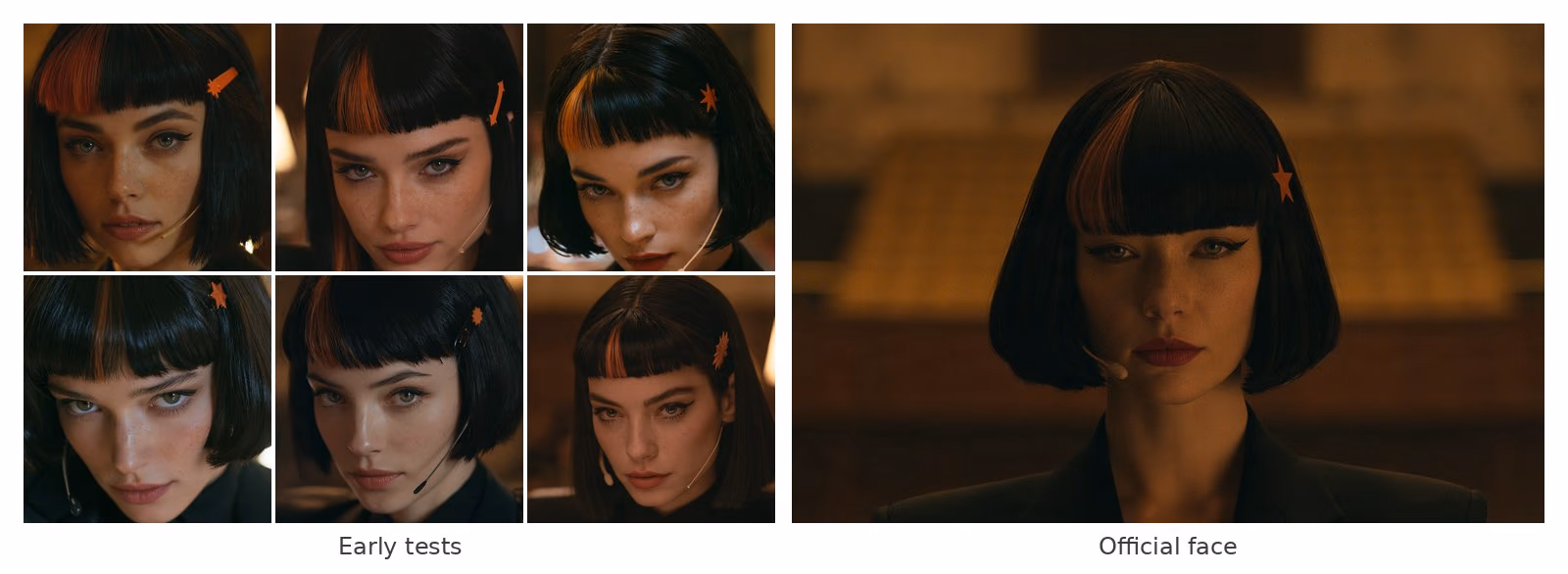 Six early face tests, six different women with Claudia's bob and streak, beside the one official face