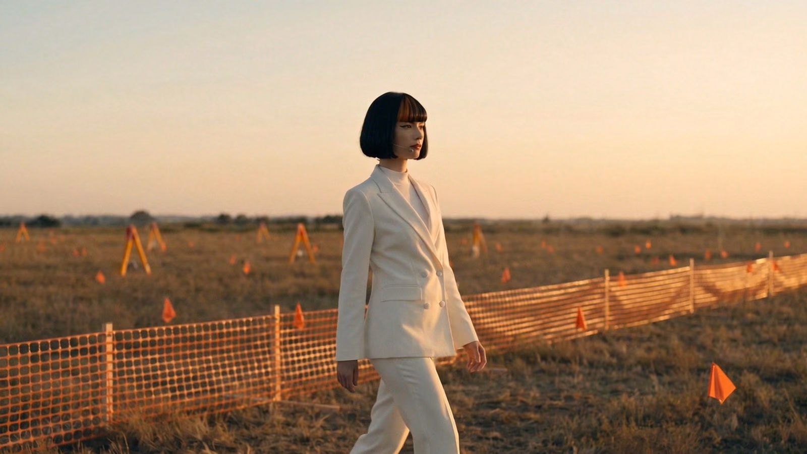 Claudia in a white suit walking along a low orange construction fence across an empty field at dusk