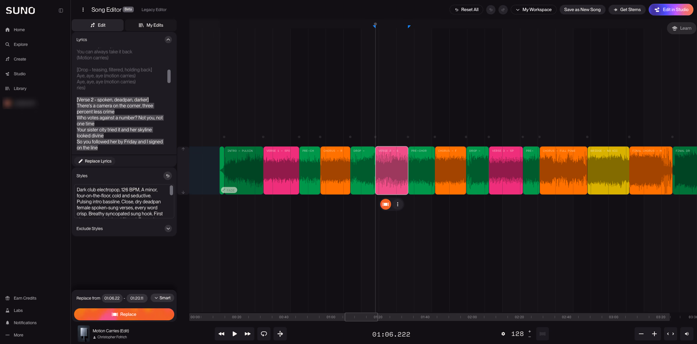 Suno's Song Editor: the song's sections as colored blocks on a timeline, with Verse 2 selected for replacement and its lyrics highlighted